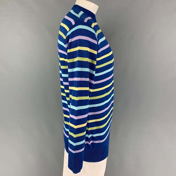 GENE MEYER Blue Yellow Stripe Cotton Blend Crew-Neck Pullover - Picture 2 of 4